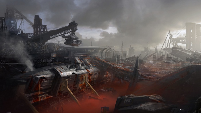 Destroyed industrial complex with ships and cranes