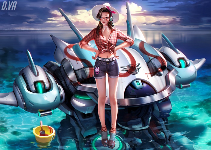 D.Va from Overwatch with her MEKA on the water
