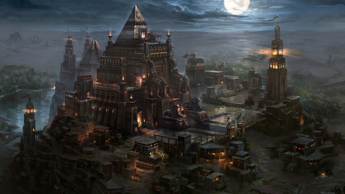 Fantasy Egyptian city at night with pyramid and towers