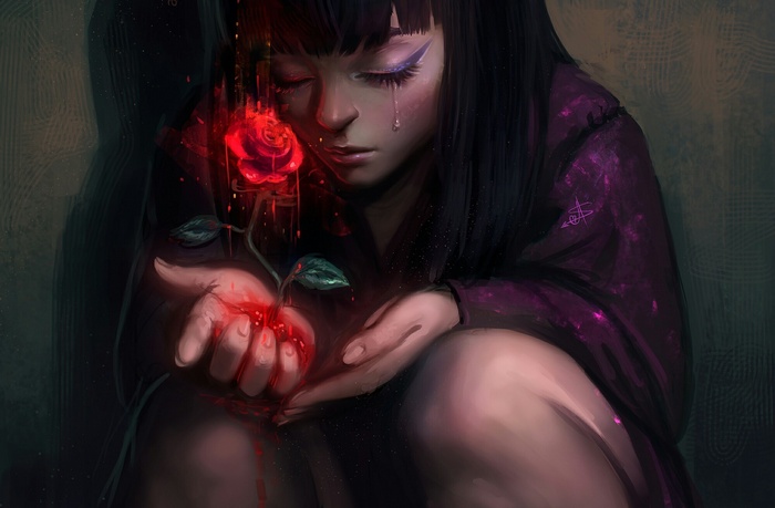 Girl holding a bleeding rose