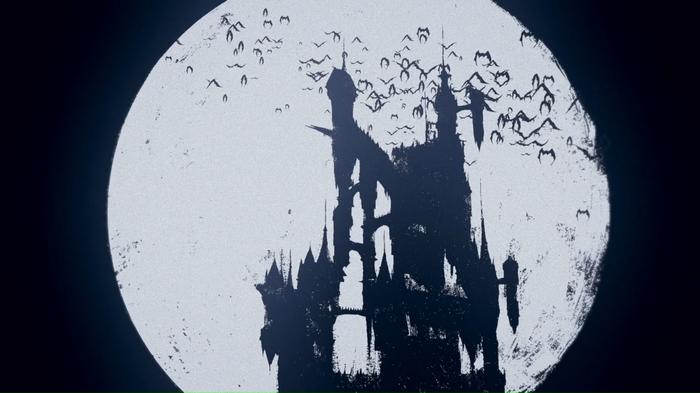 Castlevania castle silhouette with bats in front of moon