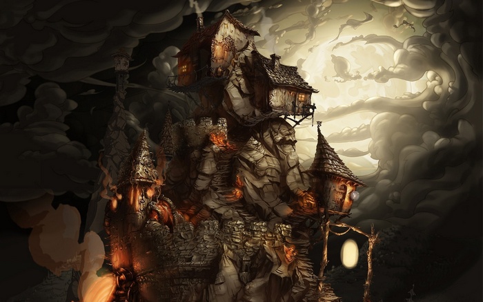 Fantasy castle built on a rocky mountain under cloudy sky