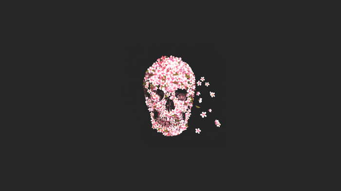 Skull made of pink flowers on a black background
