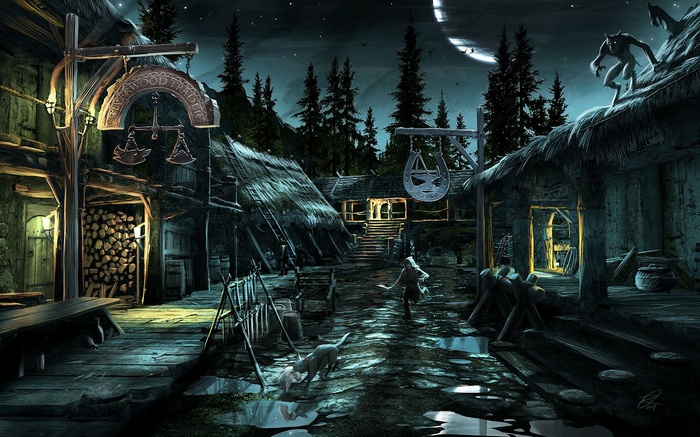 The Elder Scrolls V: Skyrim village at night