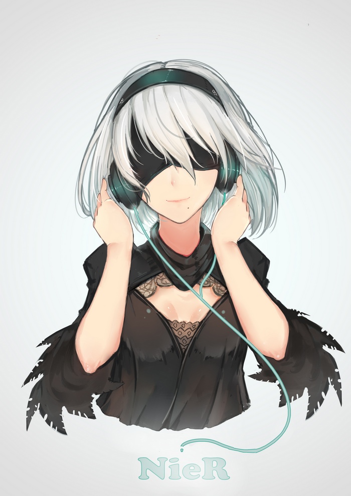 2B from NieR: Automata wearing headphones