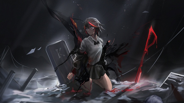 Ryuko Matoi from Kill la Kill kneeling in debris