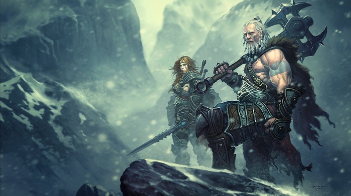 Two Barbarians from Diablo III in a snowy mountain landscape