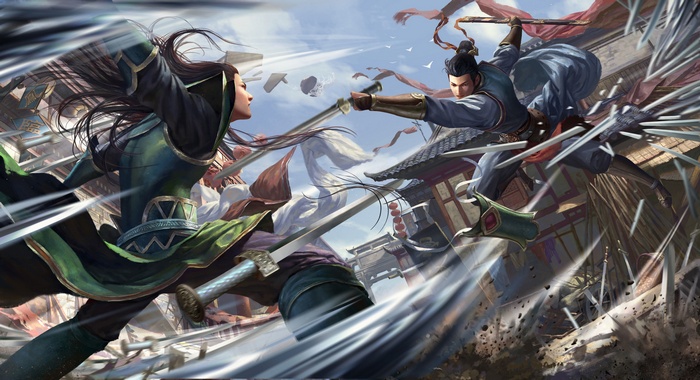Warriors clash with swords in a fantasy battle