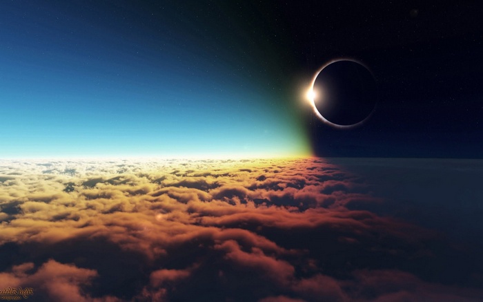 Solar eclipse over clouds from space