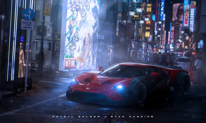 Red Ford GT in a neon-lit Tokyo street