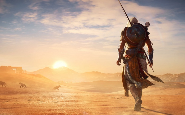 Bayek from Assassin's Creed Origins in a desert