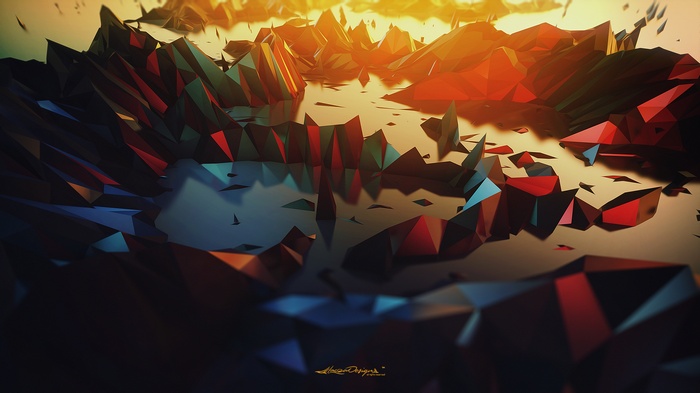 Abstract low poly landscape with geometric shapes and reflections