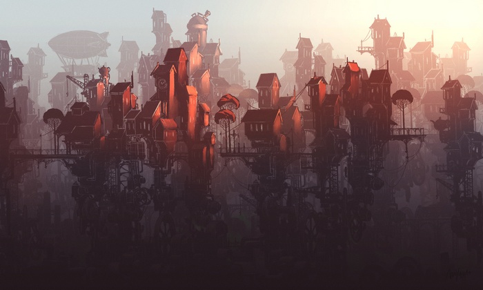 Steampunk city with a Zeppelin in the sky