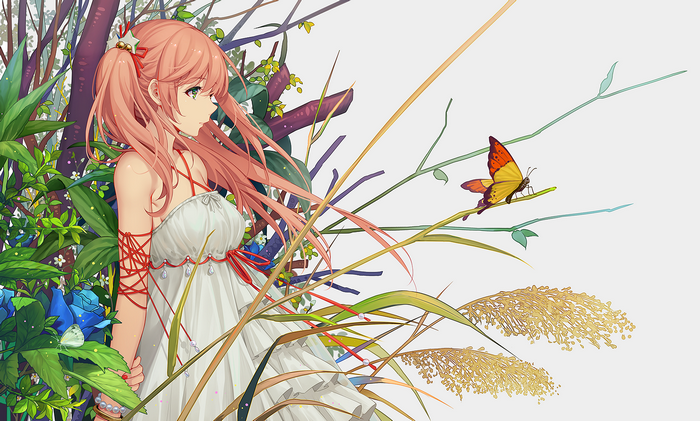 Anime girl with pink hair and butterflies in nature