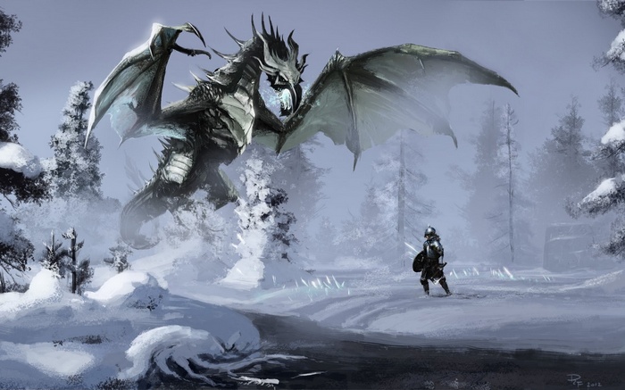 Dragon attacking a knight in Skyrim