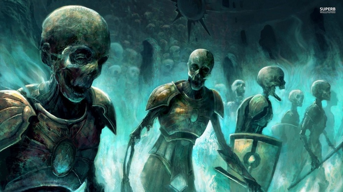 Skeletons in armor with magical aura
