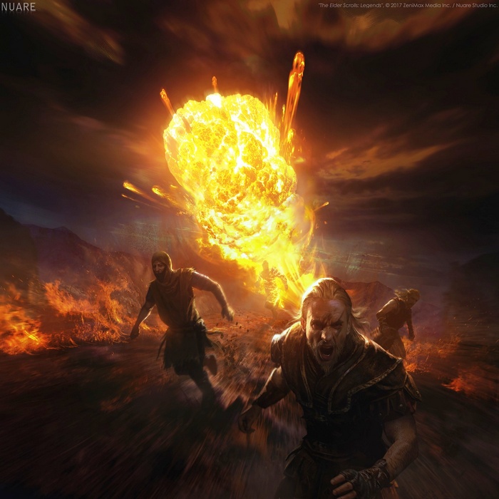 Warriors running from an explosion in The Elder Scrolls: Legends