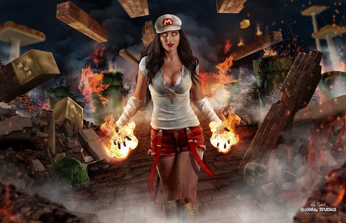 Cosplay model as Fire Mario in a destroyed Super Mario world