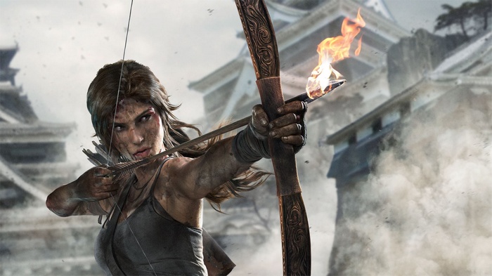 Lara Croft from Tomb Raider with flaming arrow