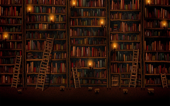 Library with bookshelves and ladders