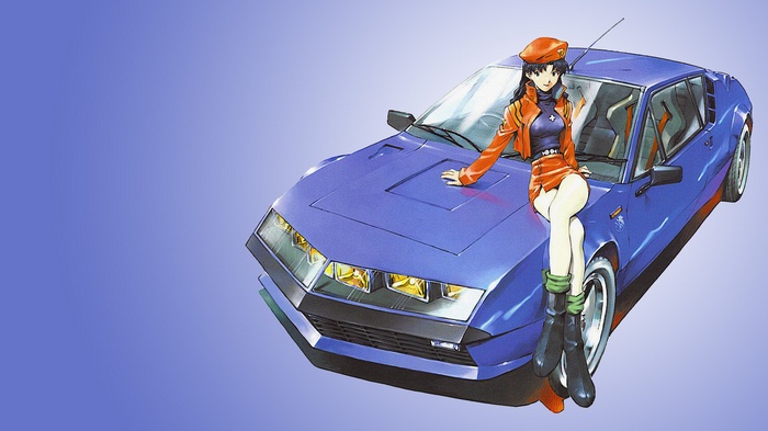 Misato Katsuragi from Neon Genesis Evangelion with a blue Renault Alpine