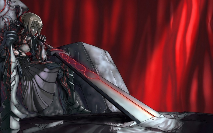 Saber Alter from Fate/Stay Night sitting on a throne
