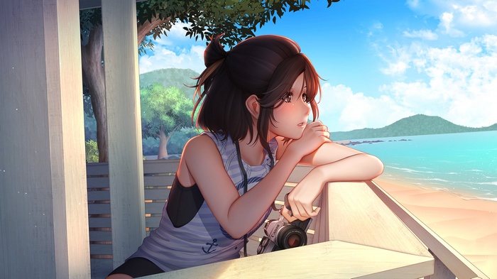 Anime girl with Canon camera on a summer beach