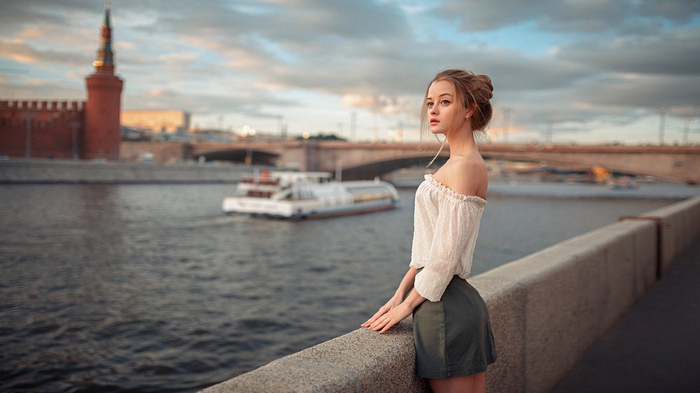 face, white tops, Maria Zhgenti, Georgy Chernyadyev, blue eyes, Moscow, women outdoors, Russia, blonde, hairbun, women, skirt, no bra, Russian women, bare shoulders, portrait
