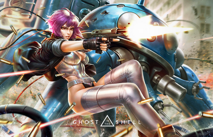Kusanagi Motoko from Ghost in the Shell firing a gun