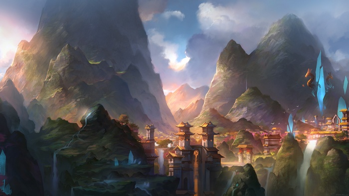 Fantasy cityscape with mountains and crystals