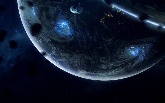 Planet with lightning storms and a spaceship