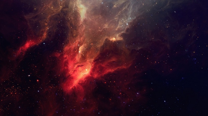 Red and orange nebula with stars in deep space