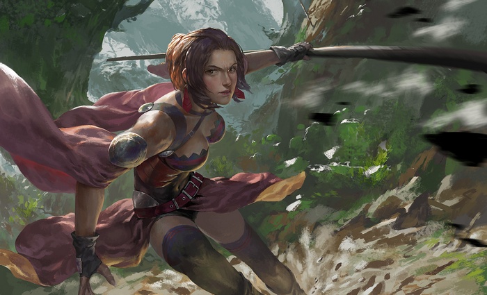 Fantasy warrior woman with a staff in a forest