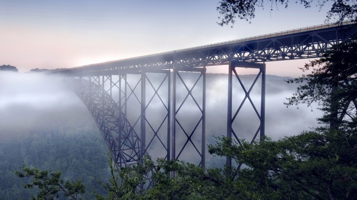 New River Gorge Bridge shrouded in fog