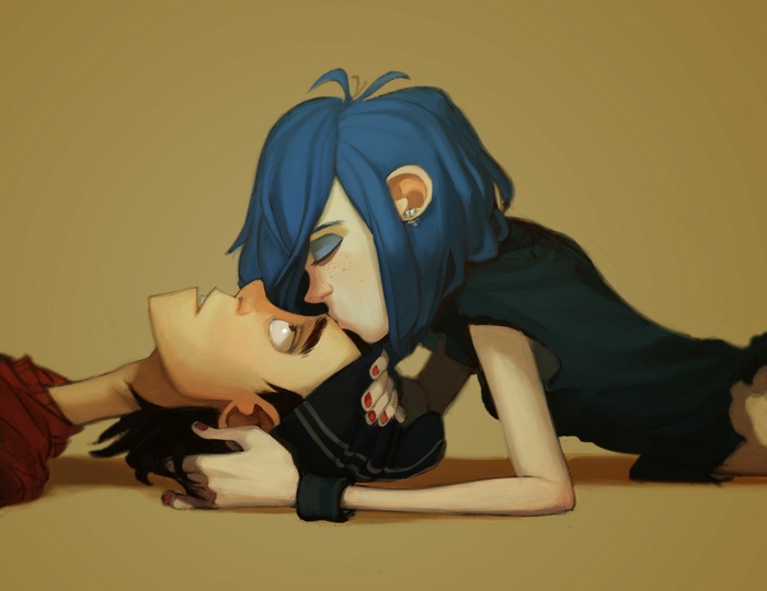 Two cartoon characters embracing