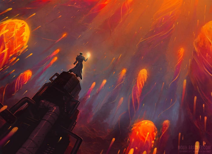Magic: The Gathering card art with a wizard and fiery orbs