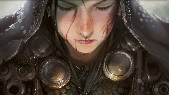Close-up of a wounded warrior from Magic: The Gathering