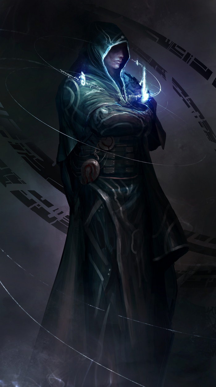 Man in hooded robe casting magic