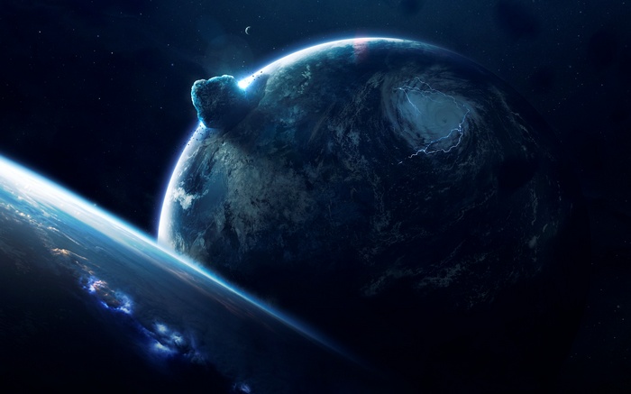 Asteroid impacting a planet with lightning storms