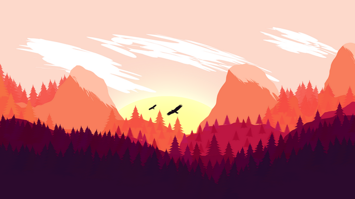 Minimalist mountain landscape with eagles at sunset
