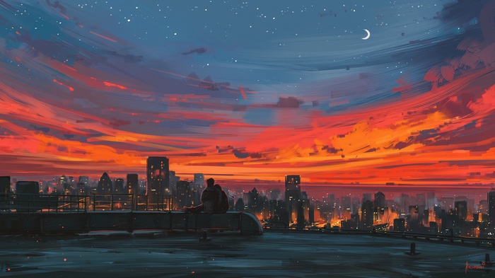 Aenami, sky, cityscape, city, colorful, sunset