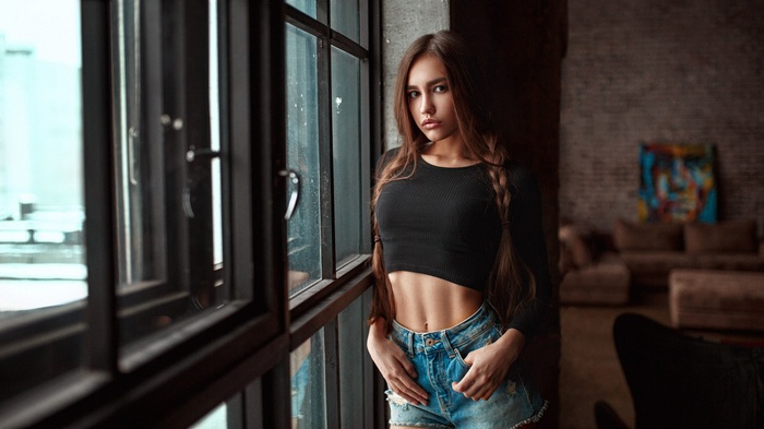 juicy lips, women, braids, brunette, long hair, standing, window, brown eyes, jean shorts, portrait, belly, face, Kirill Rogozhkin, Anastasia Lis