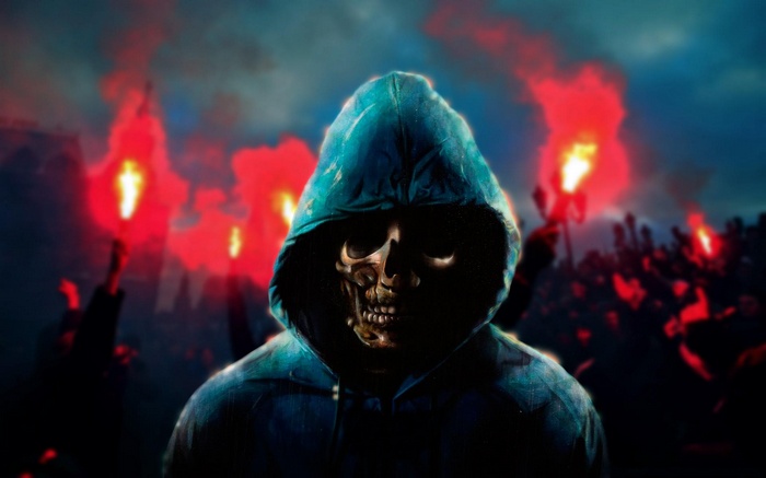 Skull in a hood with red flares