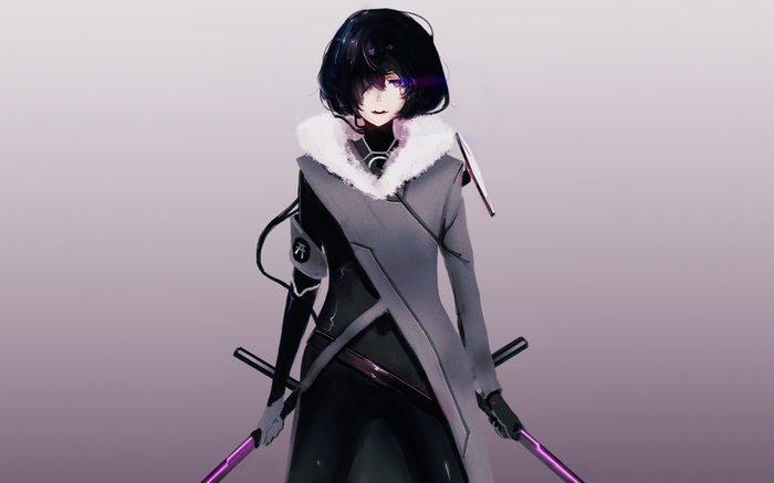 Anime girl with swords and purple eyes