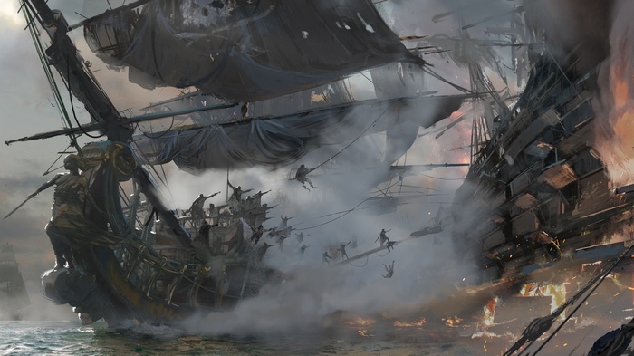 Pirates battling on burning ships in the ocean