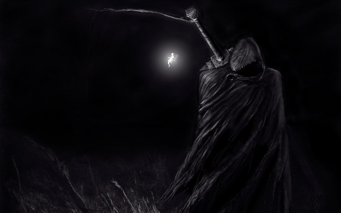 Guts from Berserk holding a small glowing figure
