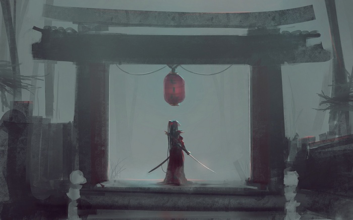 Samurai warrior under a Japanese torii gate with a lantern