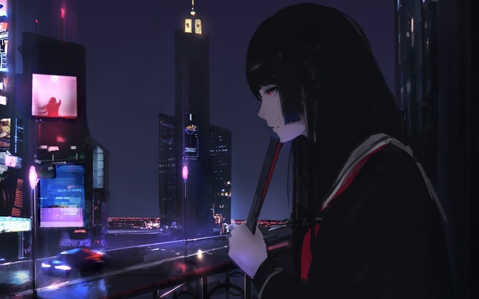 Girl in school uniform at night in a city