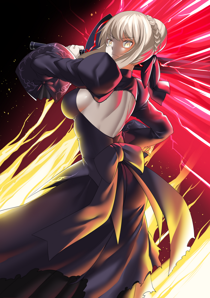 Saber Alter from Fate Series in a black dress with a sword