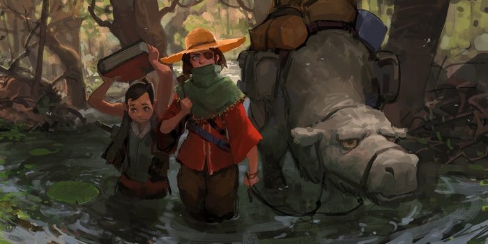 Fantasy art of people and creature in a swamp